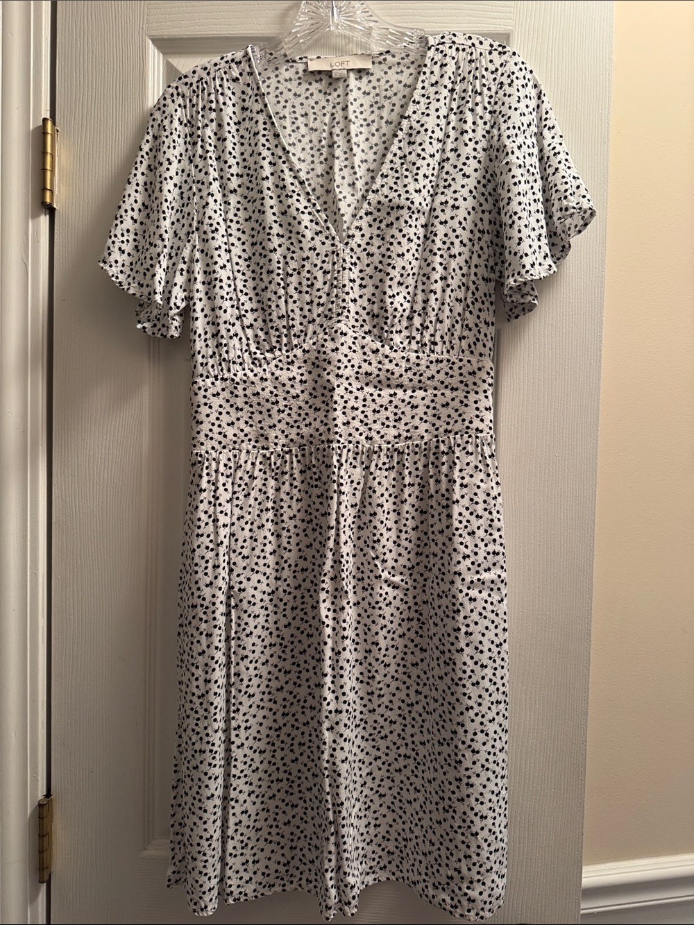 LOFT White Midi Dress with Black Dot Floral Print